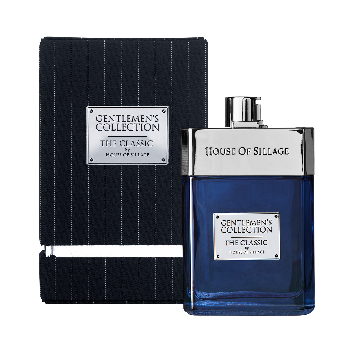 Silver and blue cologne with stripe suit box