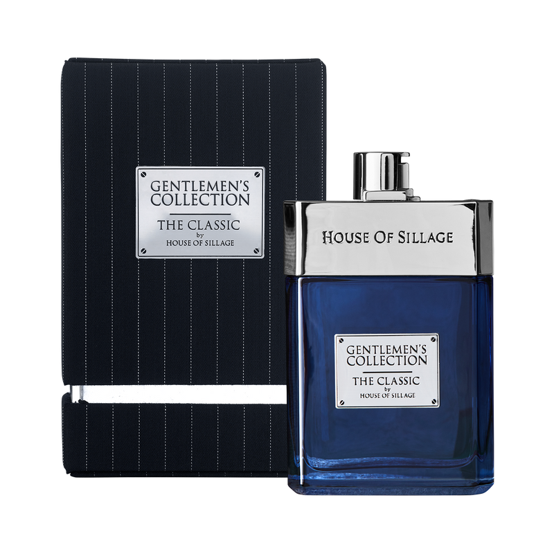 Silver and blue cologne with stripe suit box