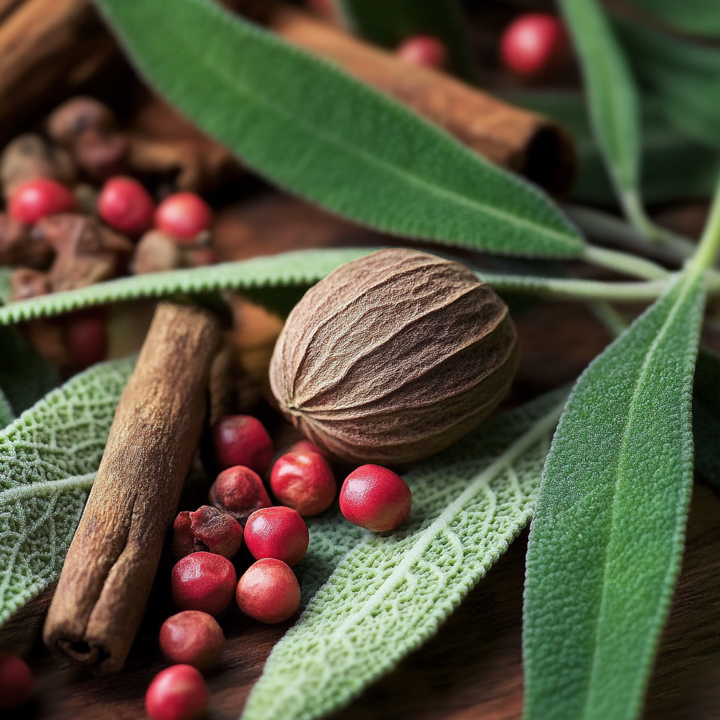 nutmeg and sage with pink pepper and cinamon