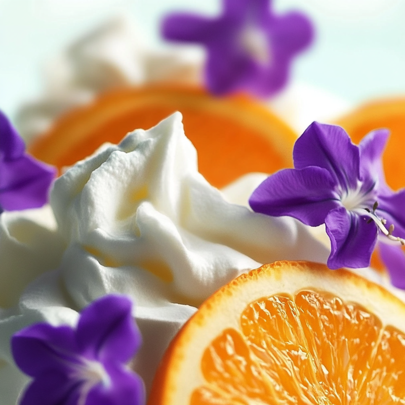 Whipped cream with Orange and purple blossoms