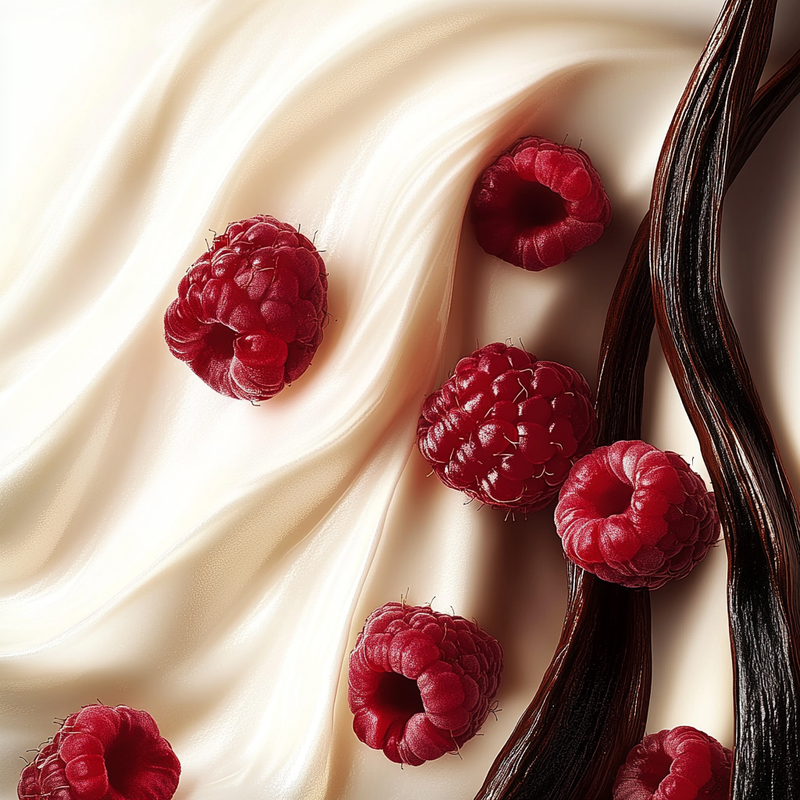 raspberry in creamy background with vanilla