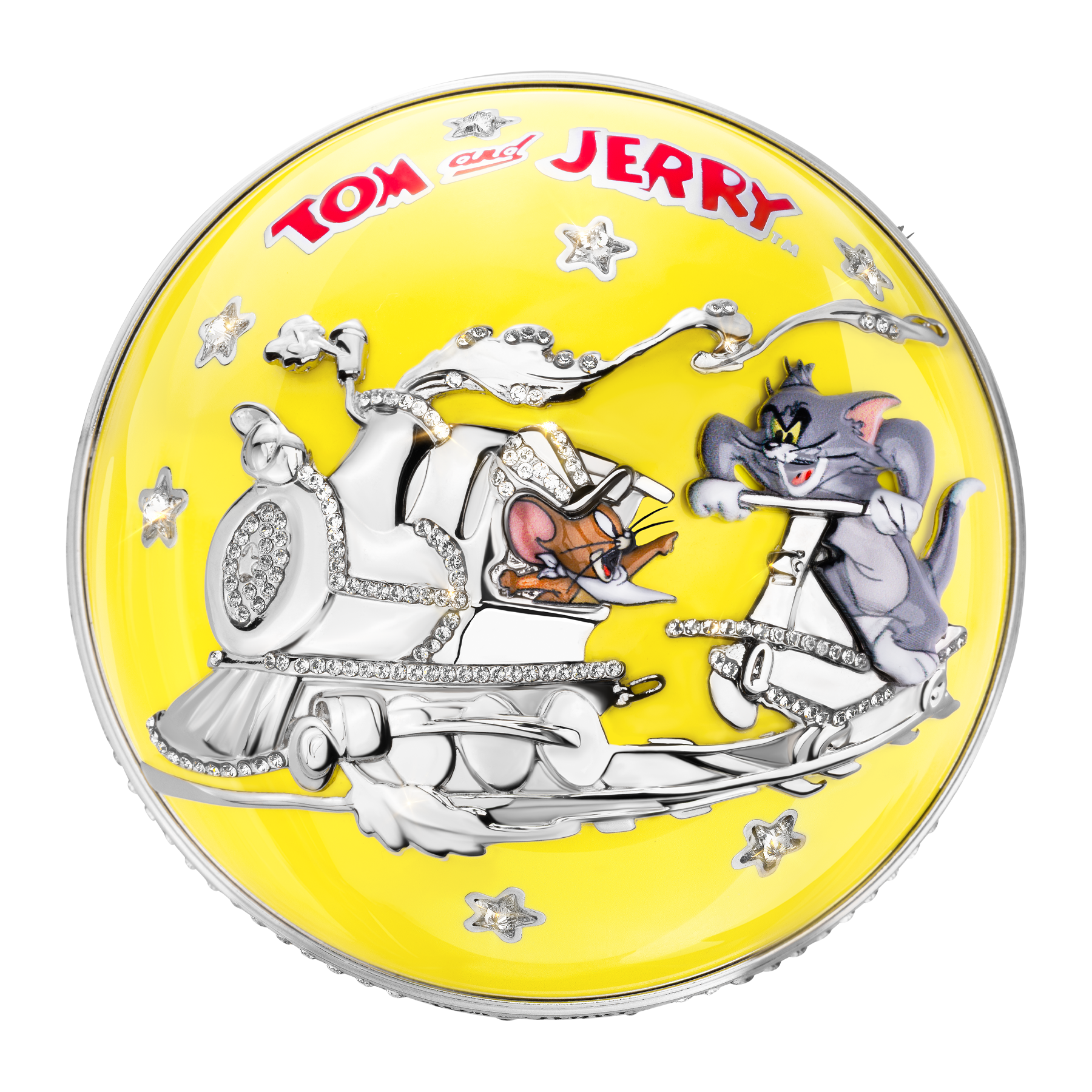 Cup of luxury fragrance  featuring Tom and Jerry characters on a yellow background