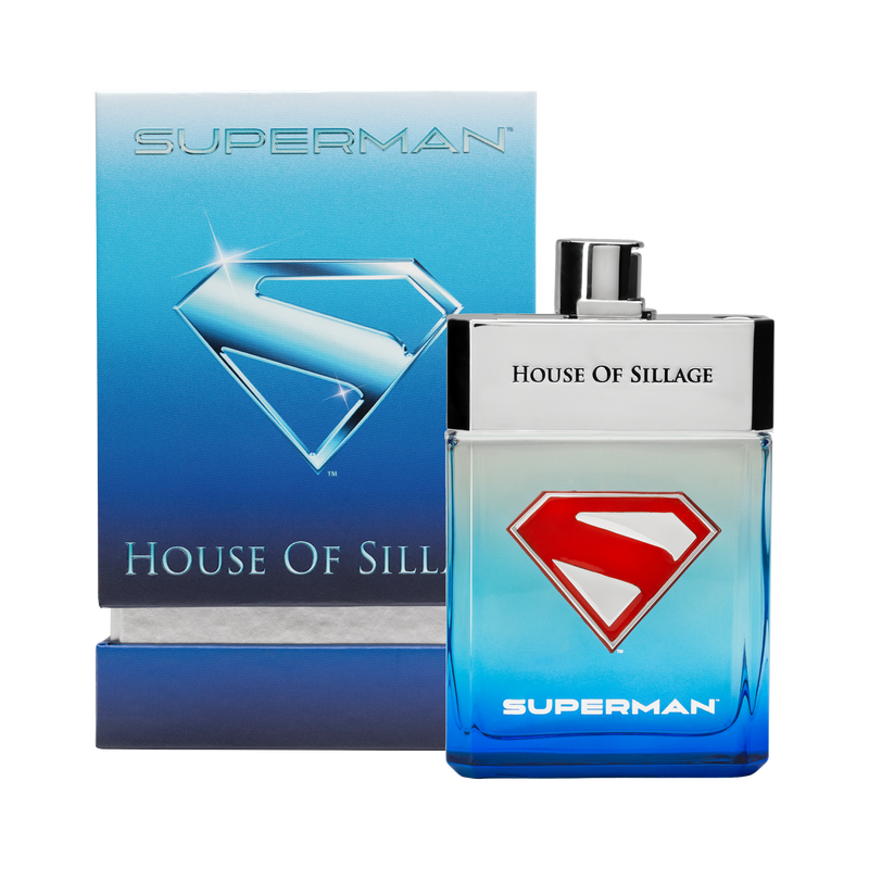 Superman perfume bottle and packaging by House of Sillage on a white background  with logo of Superman 