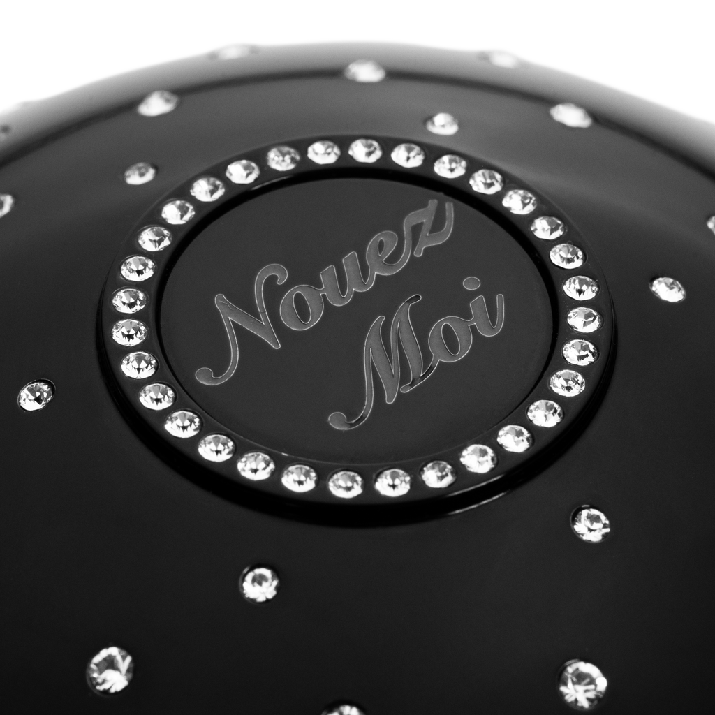 Black fragrance cup with Swarovski crystal and  with 'Nouez Moi' text and  embellishments 