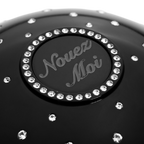 Black fragrance cup with Swarovski crystal and  with 'Nouez Moi' text and  embellishments 