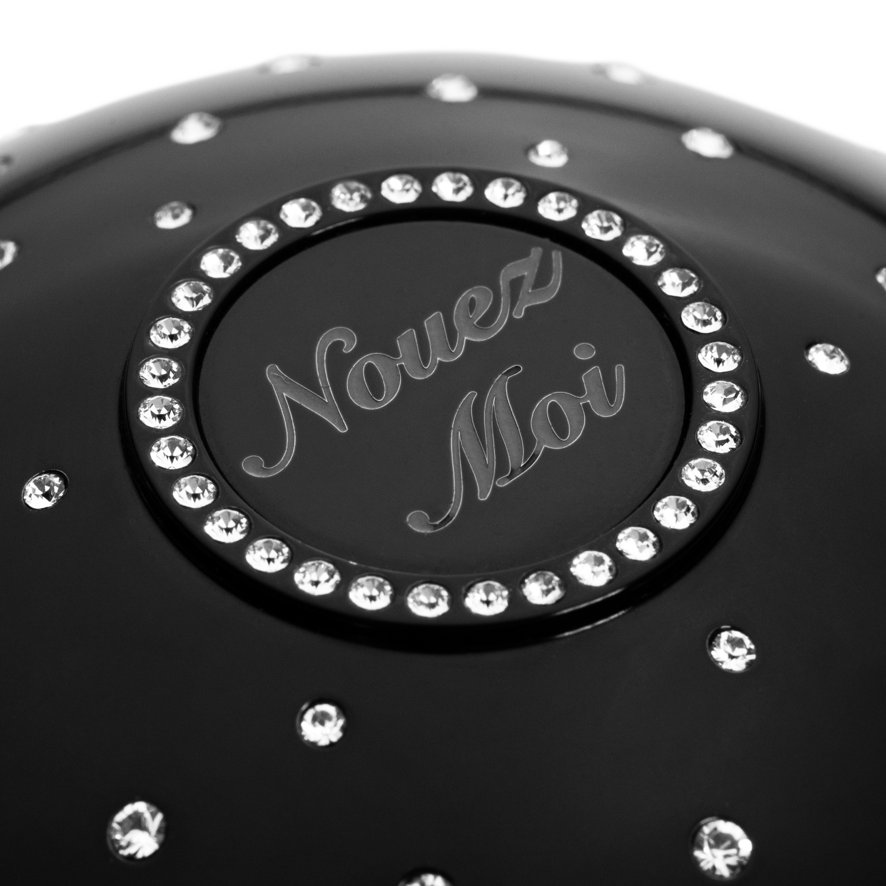 Black fragrance cup with Swarovski crystal and  with 'Nouez Moi' text and  embellishments 