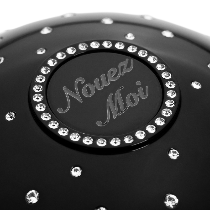 Black fragrance cup with Swarovski crystal and  with 'Nouez Moi' text and  embellishments 
