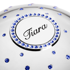 Silver  plated fragrance cup with blue Swarovski crystal on top and name of the luxury parfume Tiara 