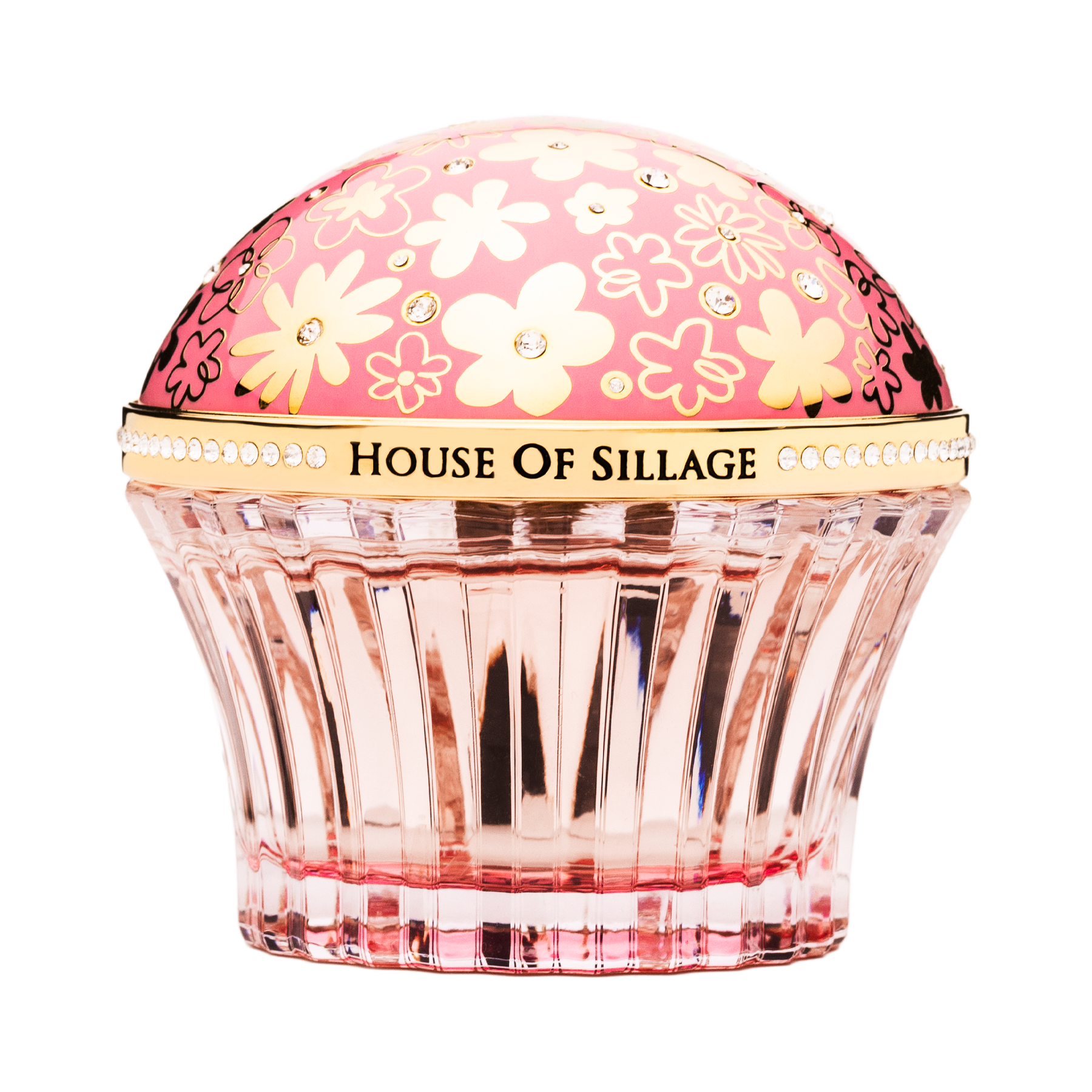 Pink perfume spinning between blossoms of flowers Swarovski crystals and pink cup