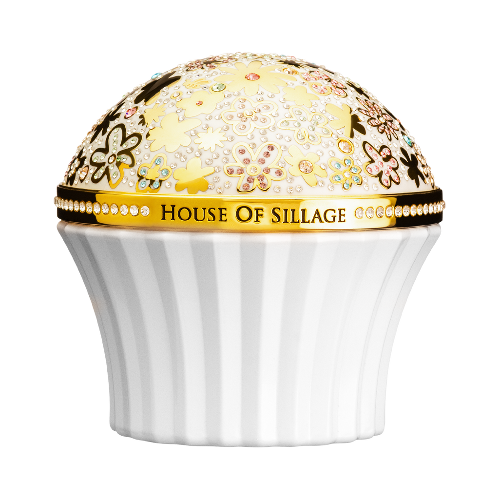 Elegant scent in beautiful white bottle with multicolored Swarovski crystal cup