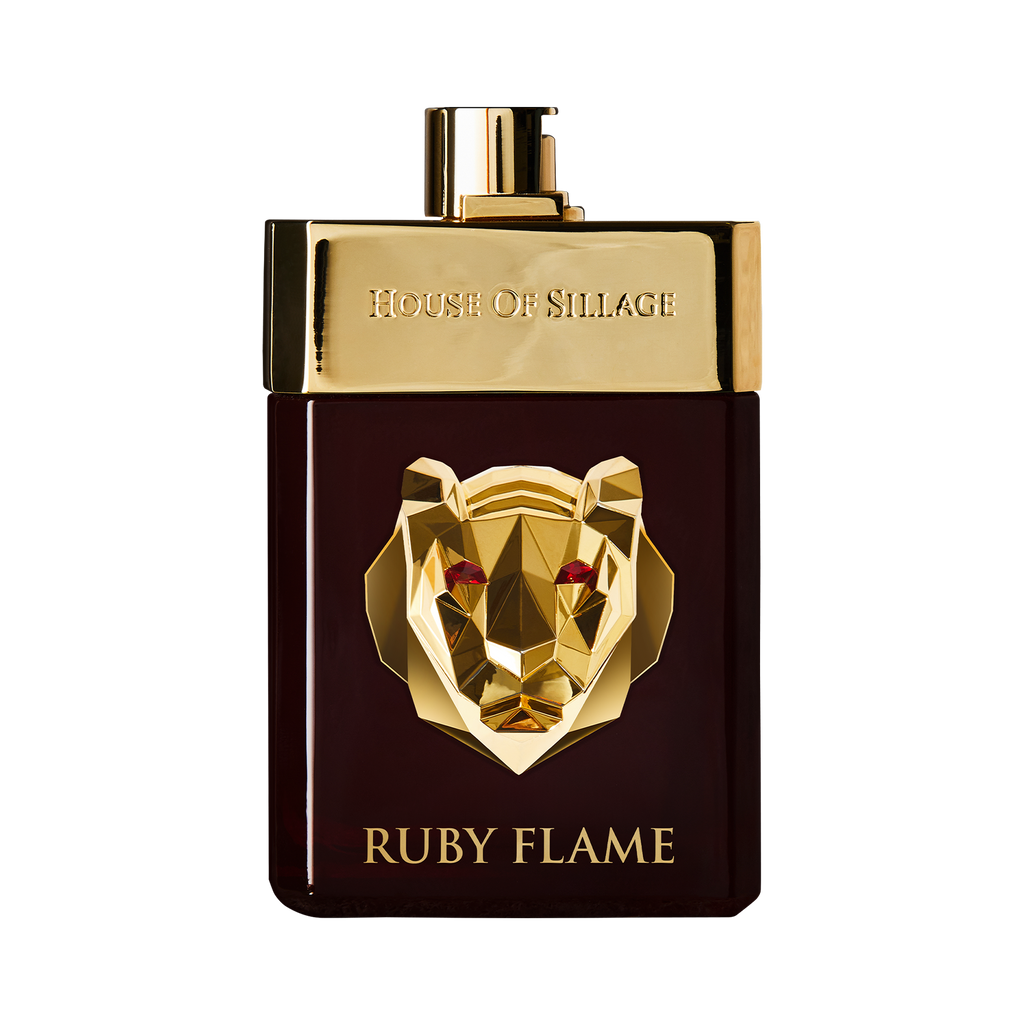 Warm and Spicy niche Fragrance in ruby bottle with gold platted top and Tiger As symbol 