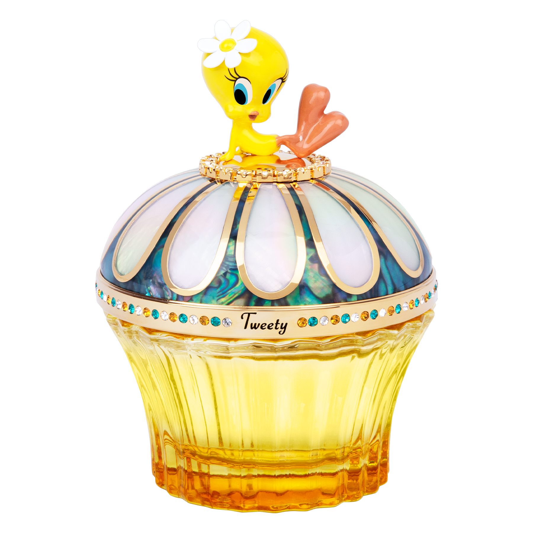 Tweety sitting on luxury fragrance bottle